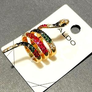 Unique gold plated & bejeweled snake ring size 8